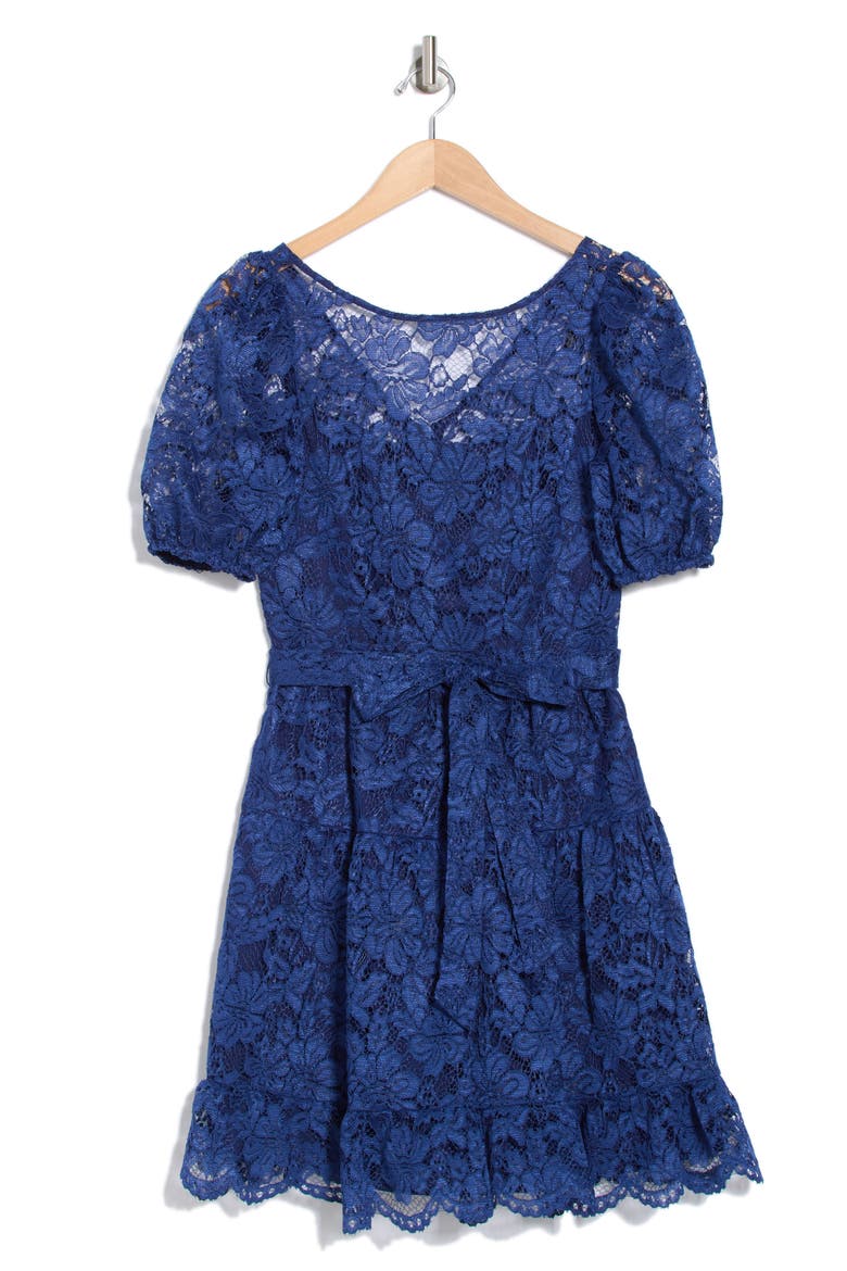 Puff Sleeve Lace Fit & Flare Dress, Alternate, color, NAVY