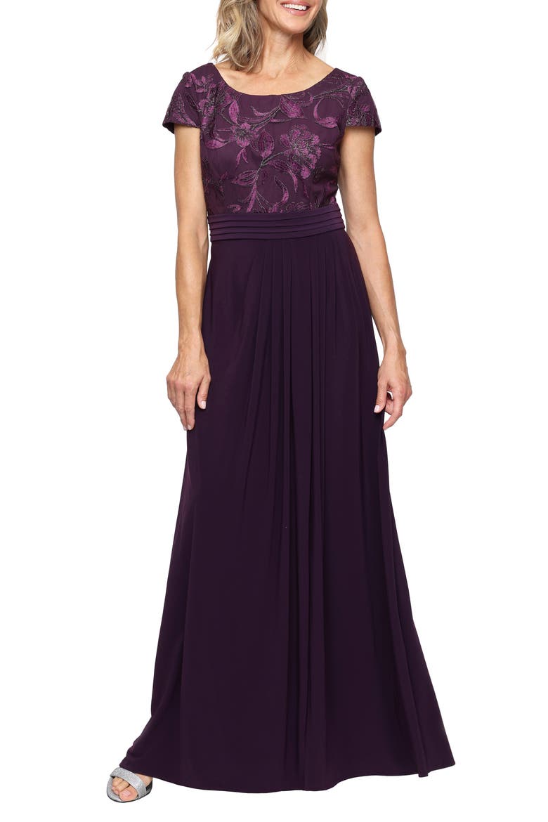 Floral Embroidered Empire Waist A-Line Gown, Main, color, PLUM