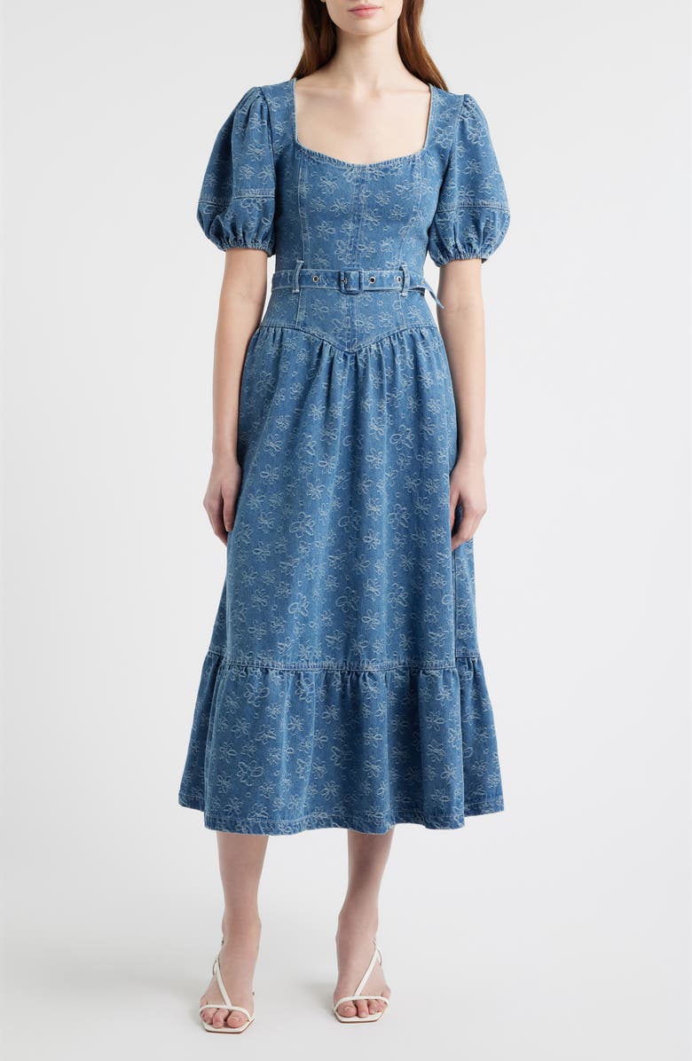 ZOE AND CLAIRE Jacquard Denim Belted Midi Dress, Main, color, Denim