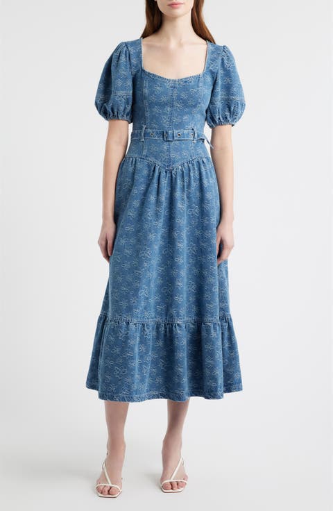 Jacquard Denim Belted Midi Dress