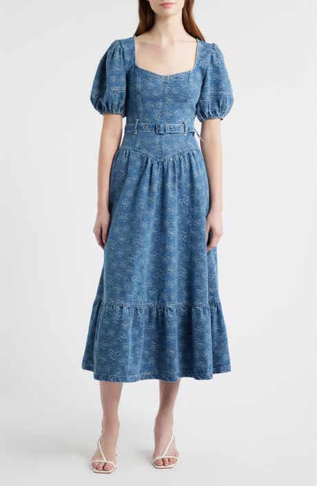 ZOE AND CLAIRE Jacquard Denim Belted Midi Dress