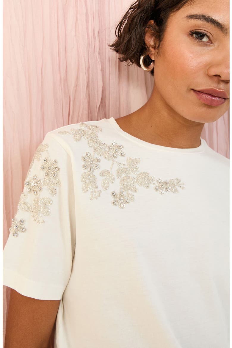Embellished Shoulder Cotton T-Shirt, Alternate, color, CREAM