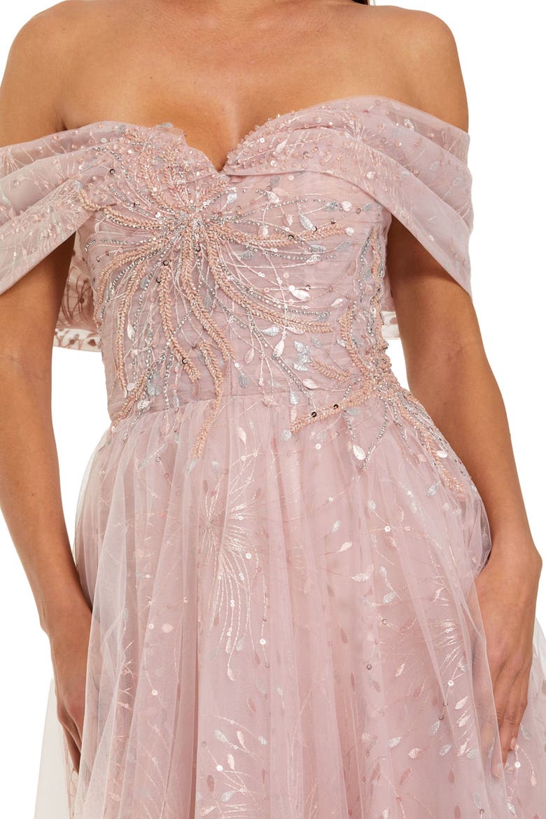 Embroidered Tulle Off The Shoulder Ballgown, Alternate, color, Dusty Rose