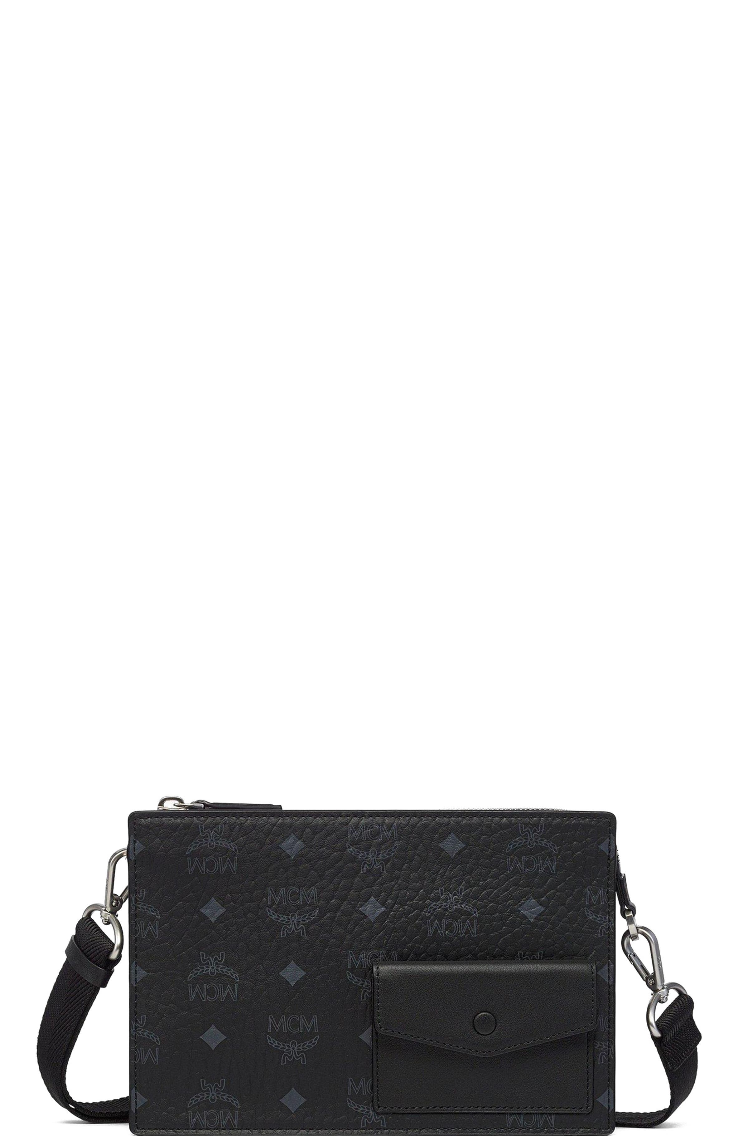 MCM Aren Standing Crossbody Pouch in Visetos, Main, color, Black