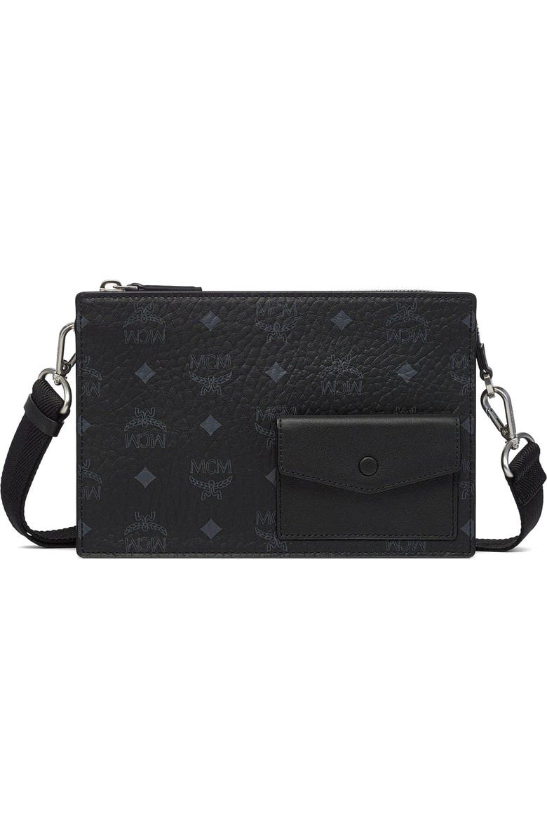 MCM Aren Standing Crossbody Pouch in Visetos, Main, color, Black