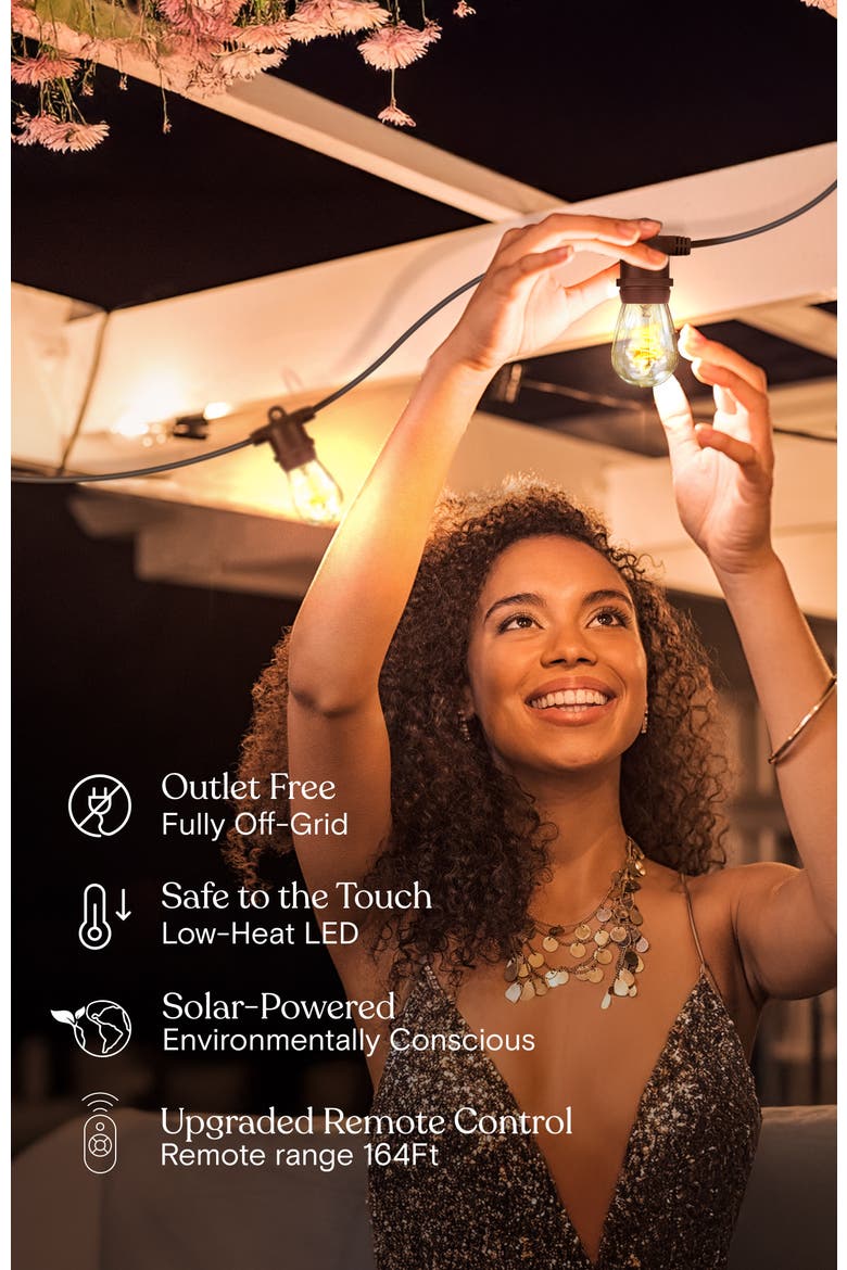 27 ft or 48 ft, Solar‑Powered Heavy Duty LED Outdoor String Lights, Weatherproof Spiral Filament Edison Bulbs, Alternate, color, 27 ft 12 Bulbs | Soft White