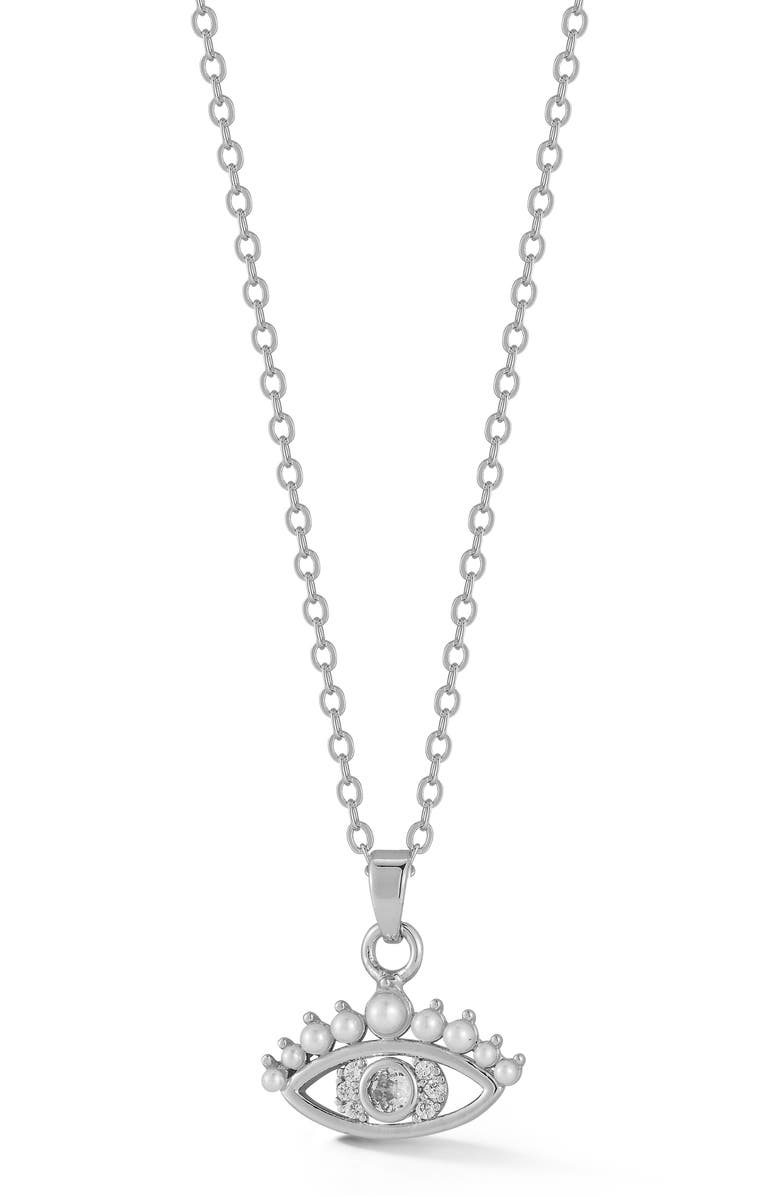 SPHERA MILANO Faux Pearl & Cubic Zirconia Evil Eye Pendant Necklace, Main, color, Silver