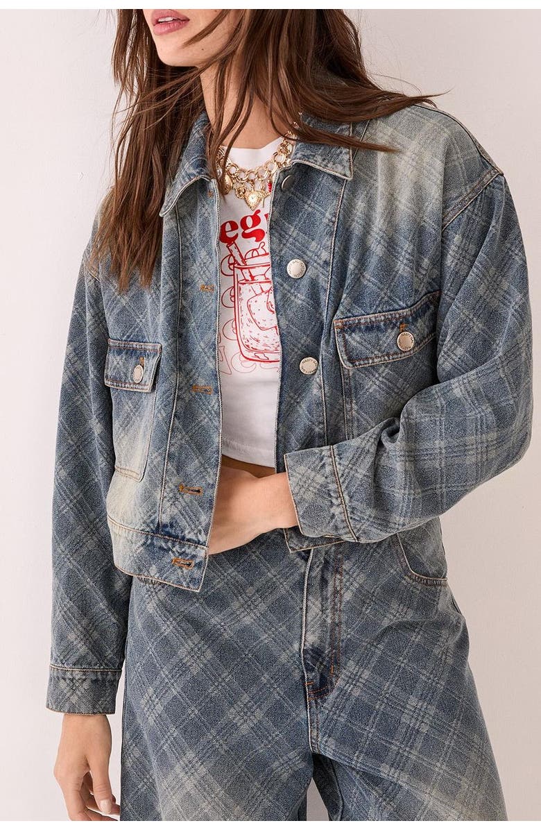 NASTY GAL Check Denim Distressed Jacket, Alternate, color, Authentic Midwash