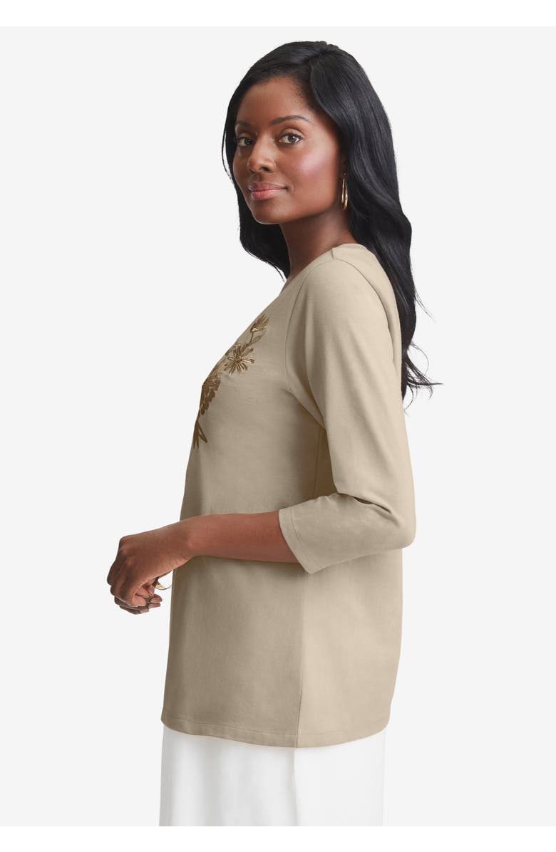 Jessica London Stretch Cotton Embroidered Tee, Alternate, color, Khaki Floral Embroidery