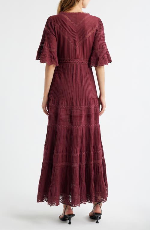 Loveshackfancy Marlowe Lace Detail Tiered Cotton Maxi Dress In Burgundy