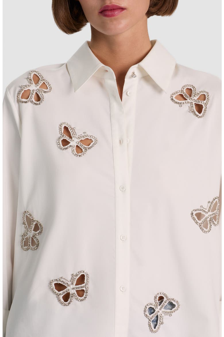 Rhinestone Butterfly Cutout Detail Button-Up Shirt, Alternate, color, OFF WHITE/ SILVER CRYSTAL