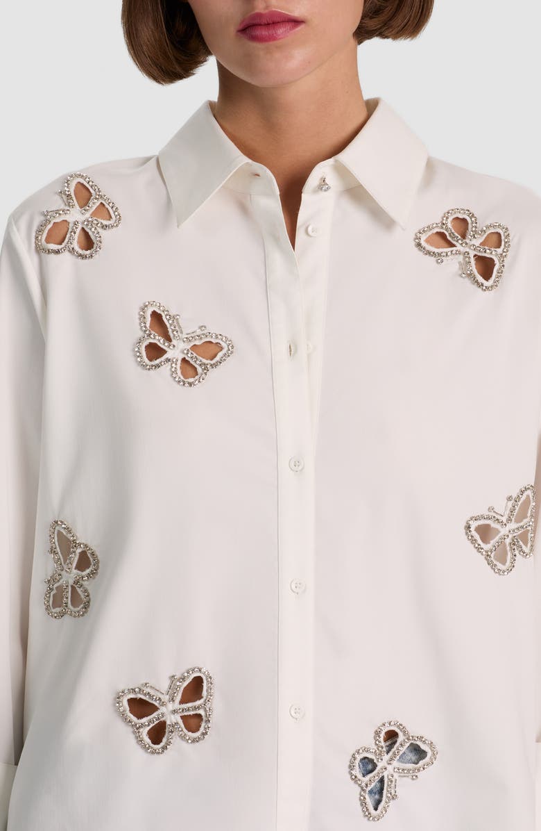 Alice + Olivia Rhinestone Butterfly Cutout Detail Button-Up Shirt, Alternate, color, Off White/ Silver Crystal