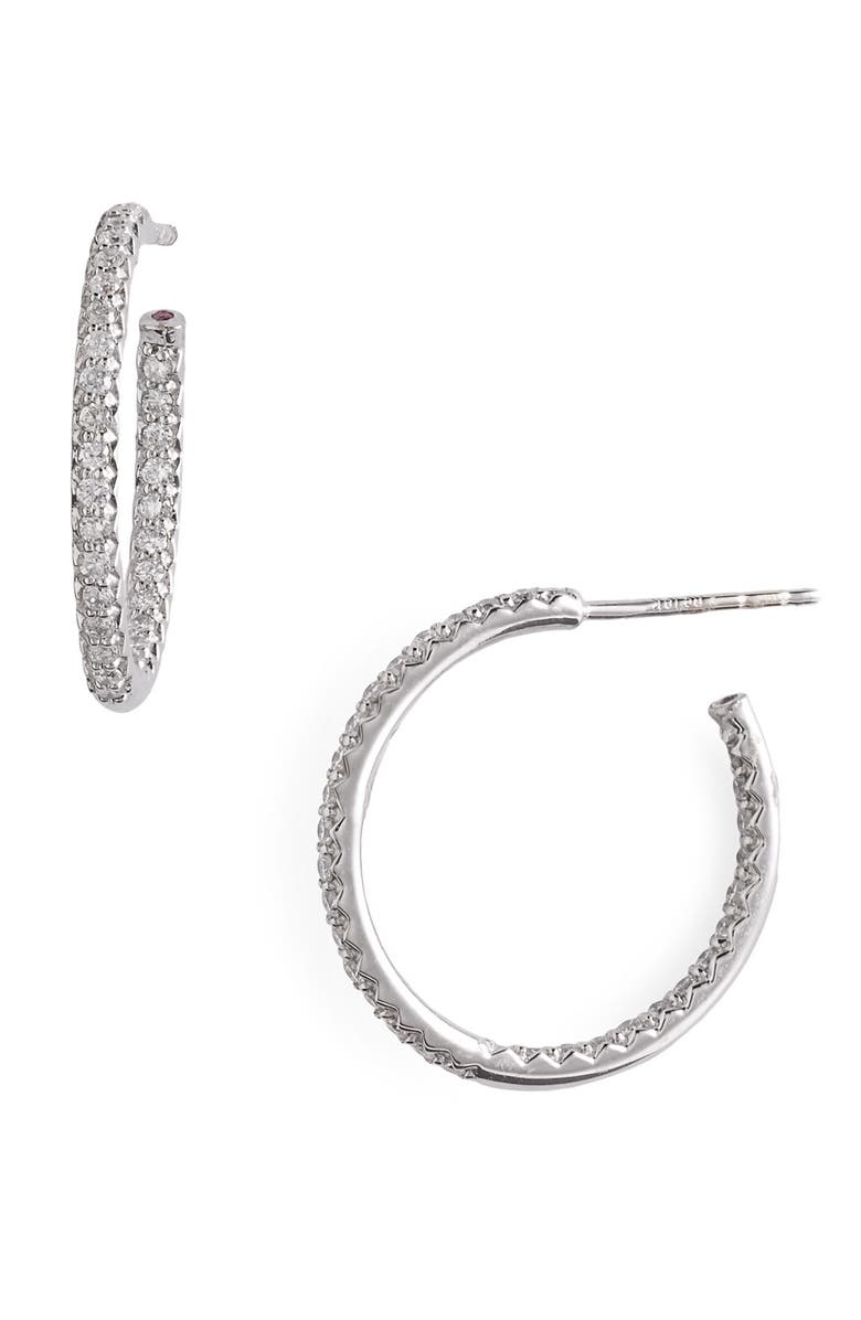 Roberto Coin Micropavé Diamond Hoop Earrings, Main, color, White Gold