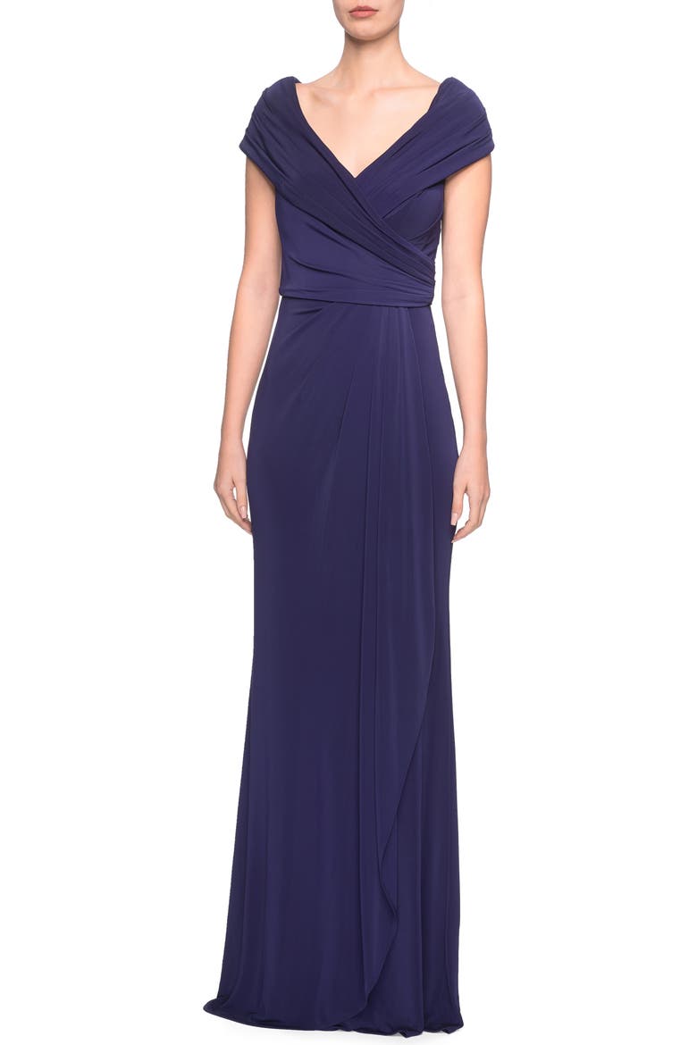 Ruched Jersey Long Gown with V-Neckline, Main, color, NAVY