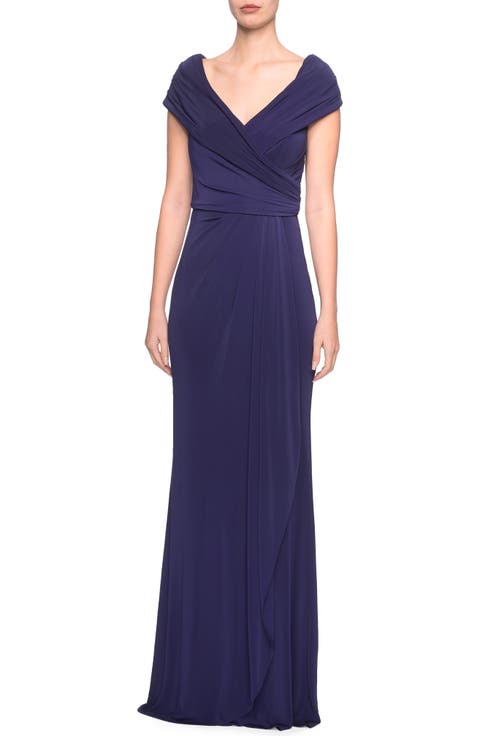 Ruched Jersey Long Gown with V-Neckline