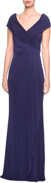 La Femme Ruched Jersey Long Gown with V-Neckline