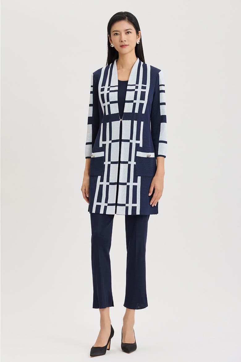 Heritage Two-Tone Geometric Knit Duster, Alternate, color, Indigo/White