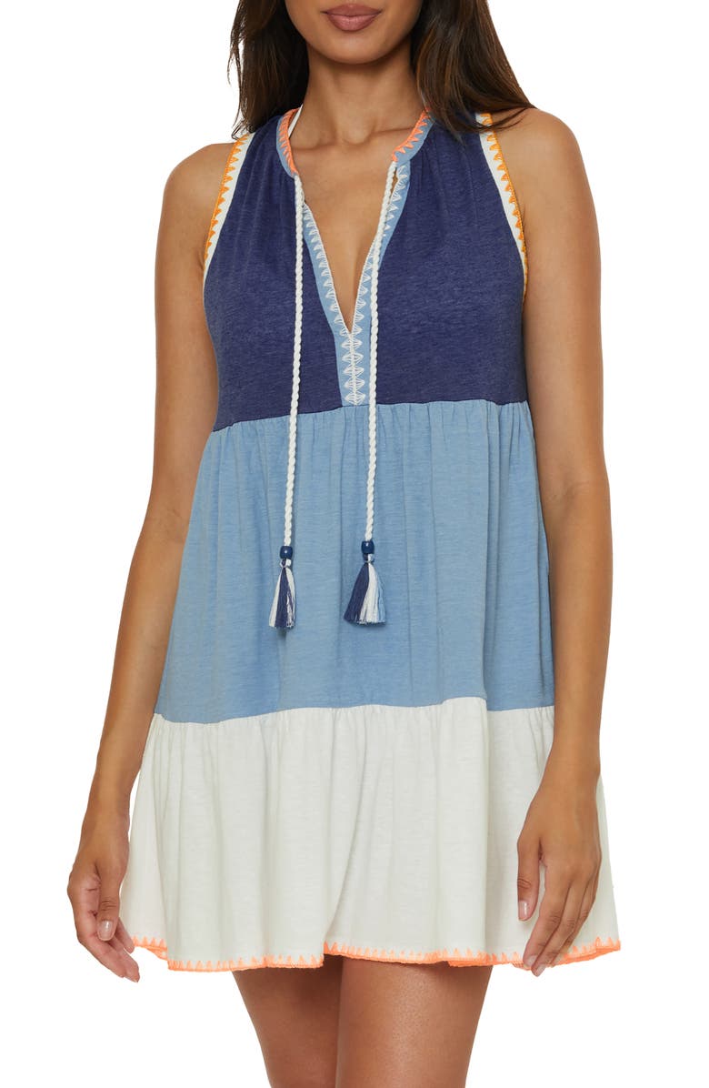 Lucky Brand Lagos Embroidered Colorblock Tiered Cover-Up Sundress, Main, color, 