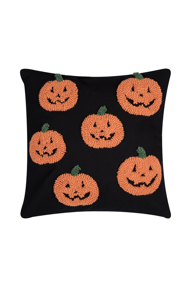 Pumpkin Party Jack O' Lanterns Hooked Halloween Accent Throw Pillow 18" x 18", Main, color, Orange