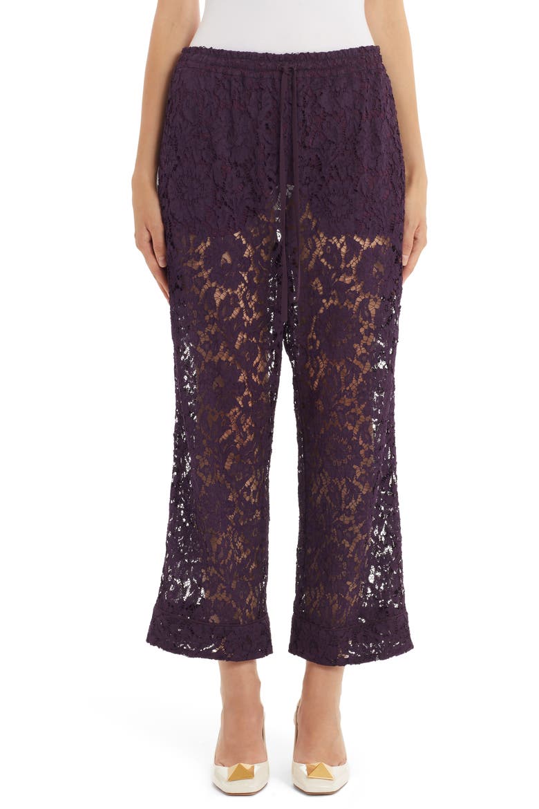 Valentino Wide Leg Crop Guipure Lace Pants, Main, color, RIPE PLUM Y82