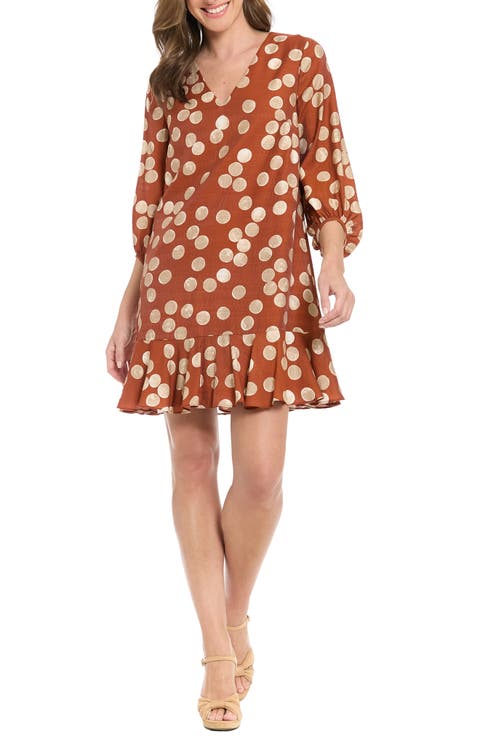 Polka Dot Balloon Sleeve Ruffle Hem Shift Dress