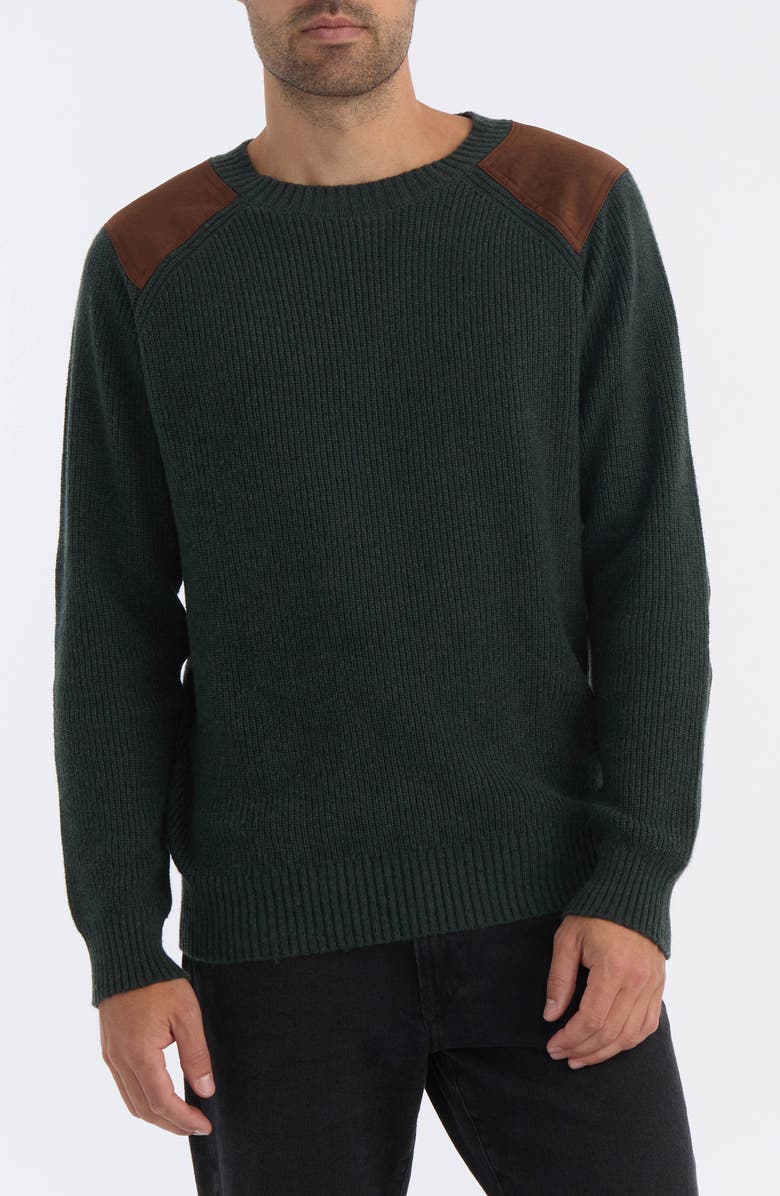 Hunter Crewneck Faux Suede Patch Ribbed Sweater, Main, color, Hunter Green