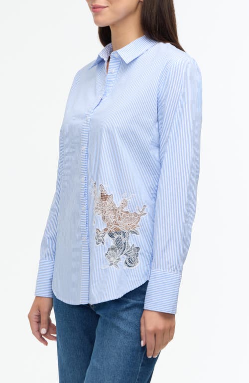 Ellen Tracy Embroidered Flower Poplin Button-up Shirt In Blue Stripe