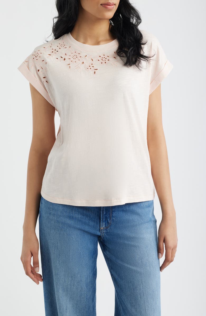 Wit & Wisdom Embroidered Eyelet Cap Sleeve T-Shirt, Main, color, Angel Pink