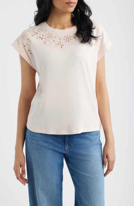 Embroidered Eyelet Cap Sleeve T-Shirt