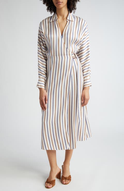 Noor Stripe Belted Long Sleeve Wrap Dress