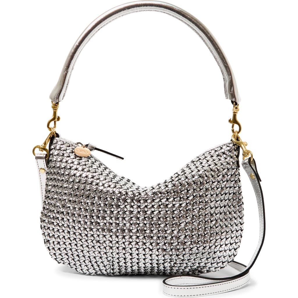 Clare V . Petit Moyen Woven Leather Messenger Bag In Silver