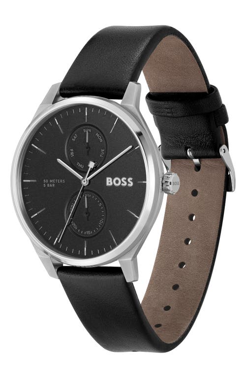 Hugo Boss Men's Tyler Quartz Multifunction Black Leather Watch 43mm In Black