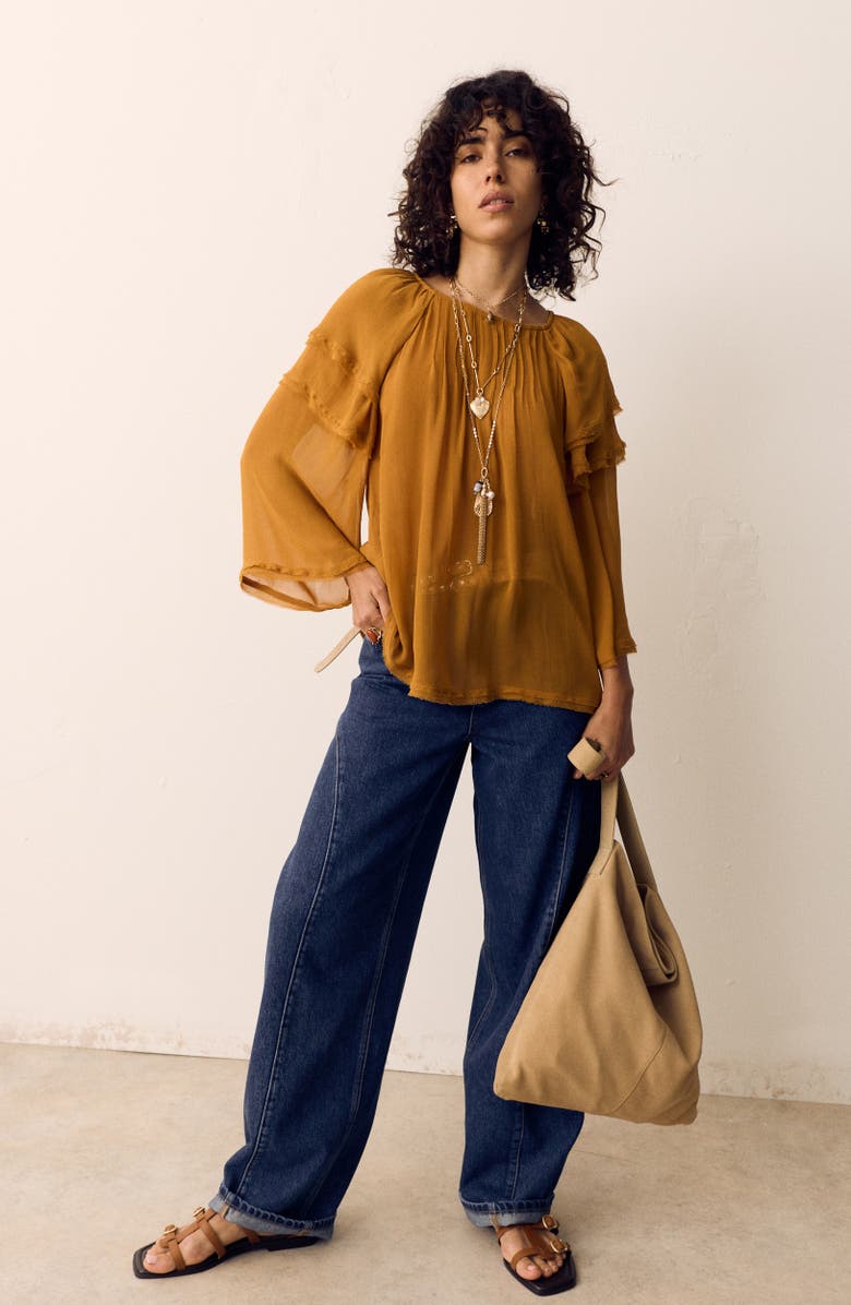 PER UNA BY M&S Ruffle Shoulder Blouse, Alternate, color, Antique Gold