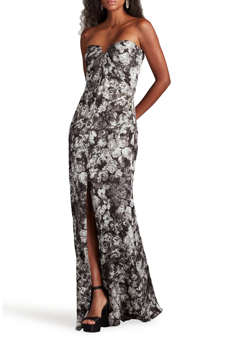 Textured Floral Strapless Gown, Alternate, color, IVORY BLACK/ FLORAL