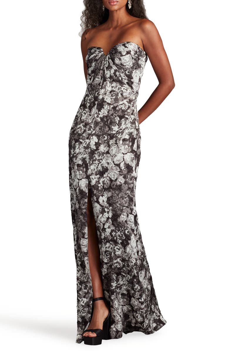 SHO by Tadashi Shoji Textured Floral Strapless Gown, Alternate, color, Ivory Black/ Floral