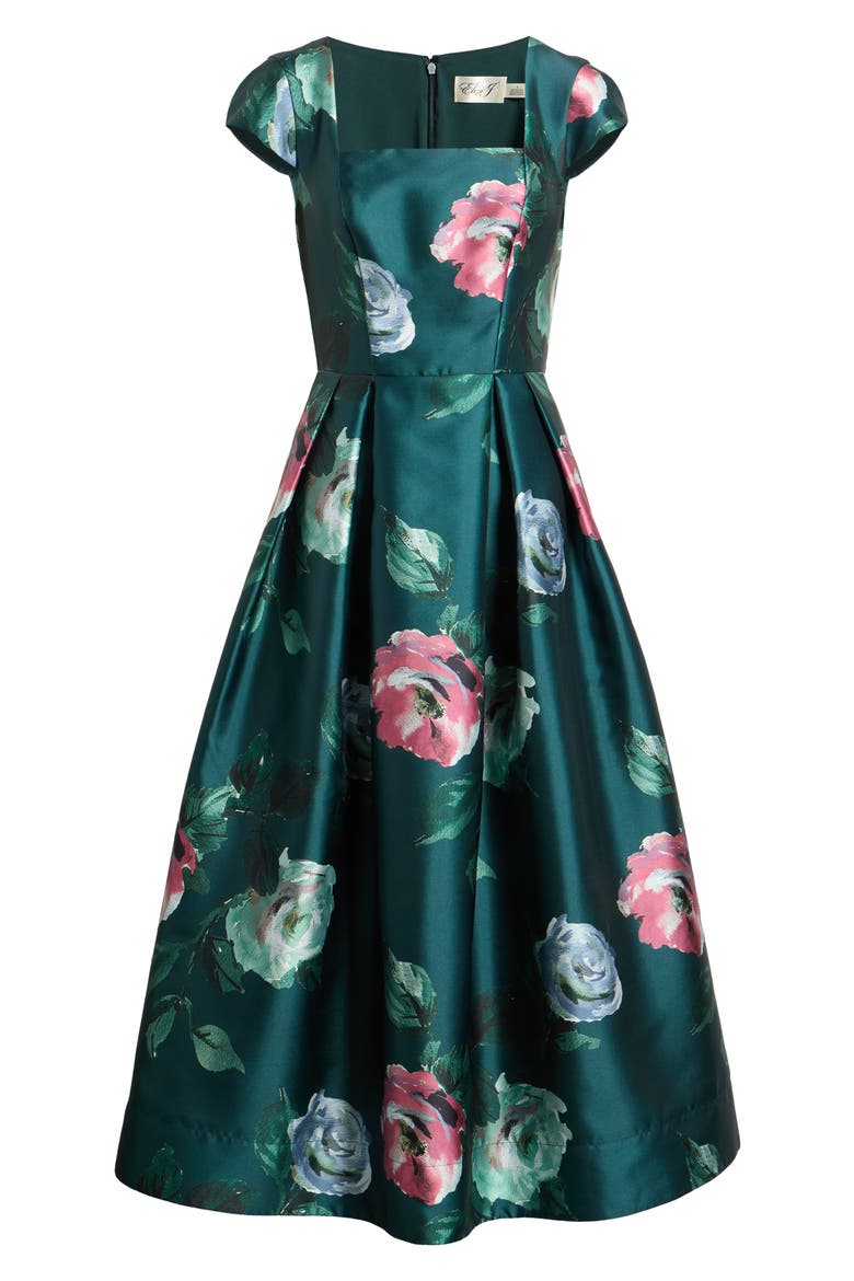 Floral Cap Sleeve Fit & Flare Satin Midi Dress, Alternate, color, HUNTER