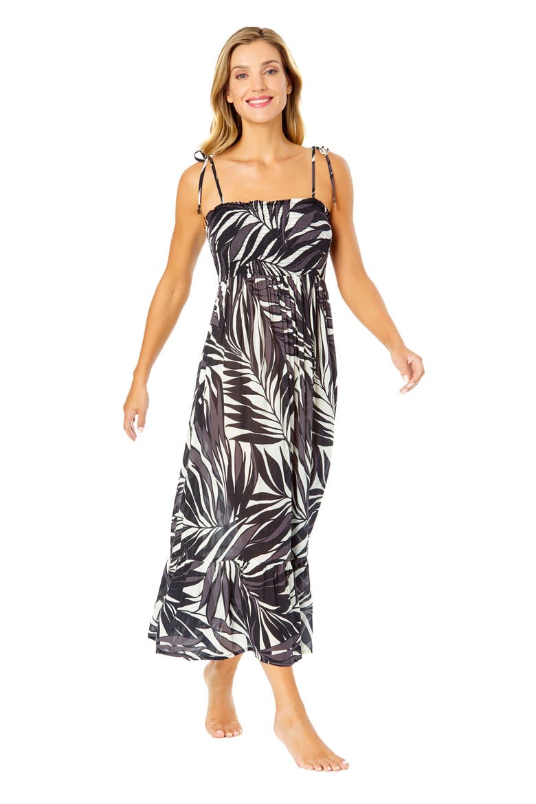 Women's Palm Chic Smocked Shoulder Tie Dress Cover Up, Main, color, Palm Chic
