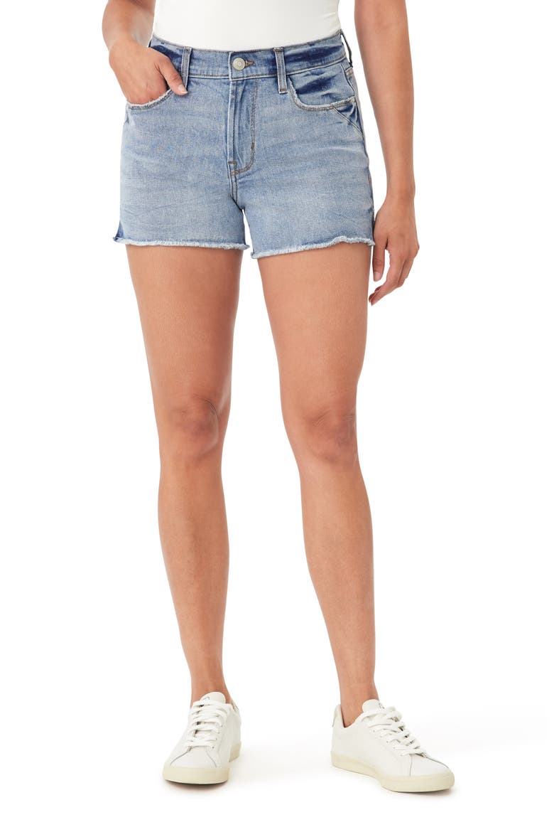 Rivet Frayed Hem Denim Shorts, Main, color, BONDI