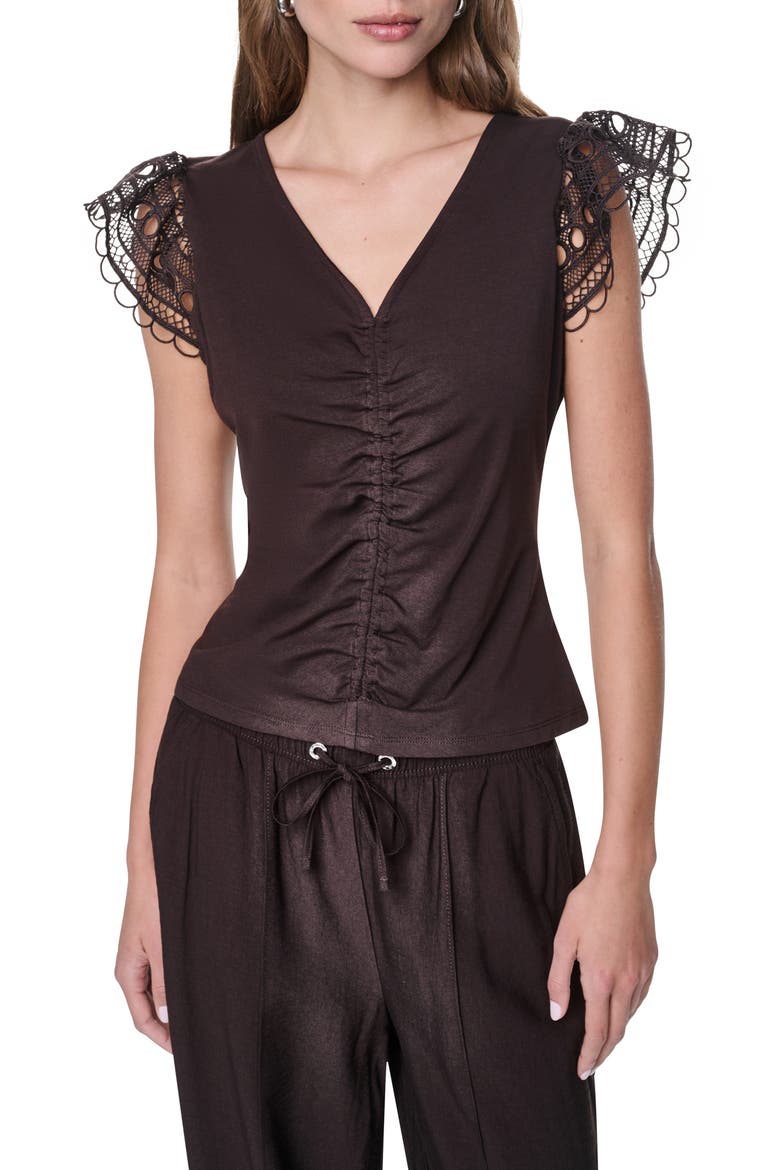 Center Ruched Lace Sleeve Cotton Blend Top, Main, color, TOBACCO