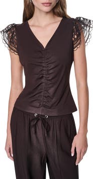 DKNY Center Ruched Lace Sleeve Cotton Blend Top