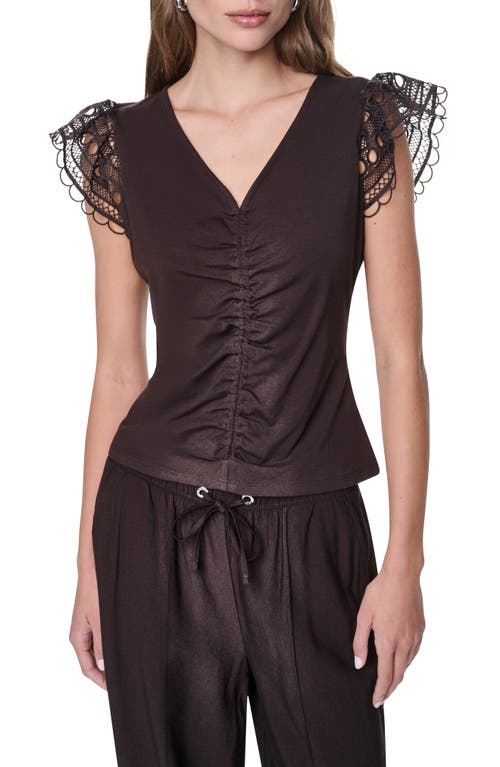 DKNY Center Ruched Lace Sleeve Cotton Blend Top in Tobacco at Nordstrom, Size Large