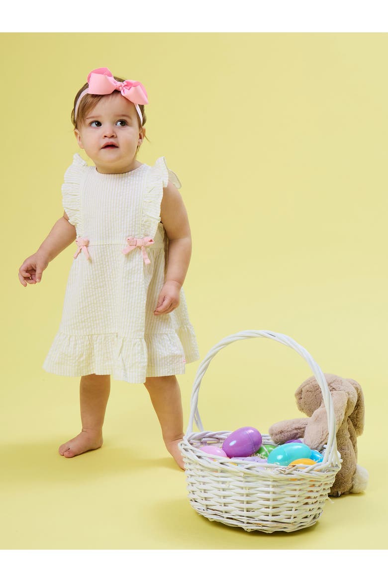 Sleeveless Pinafore Bow Dress, Alternate, color, Banana Signature Seersucker