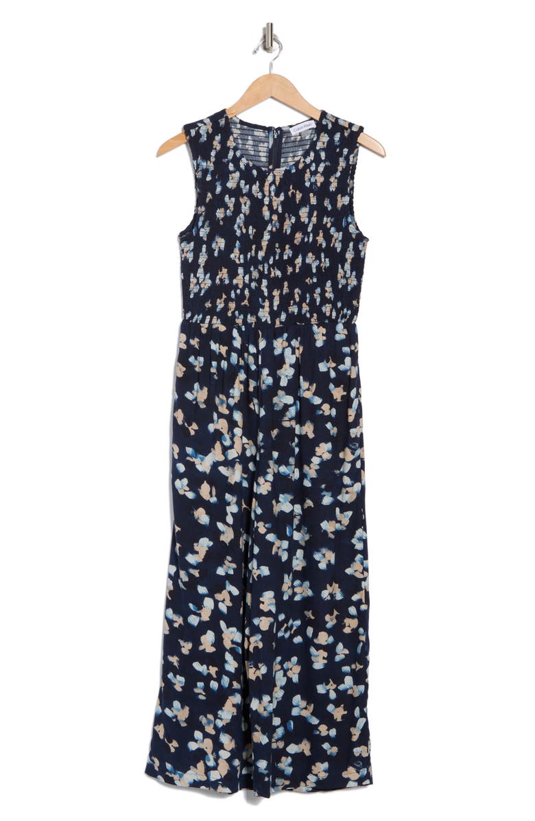 Calvin Klein Ditsy Floral Smocked Jumpsuit, Alternate, color, Indigo Multi