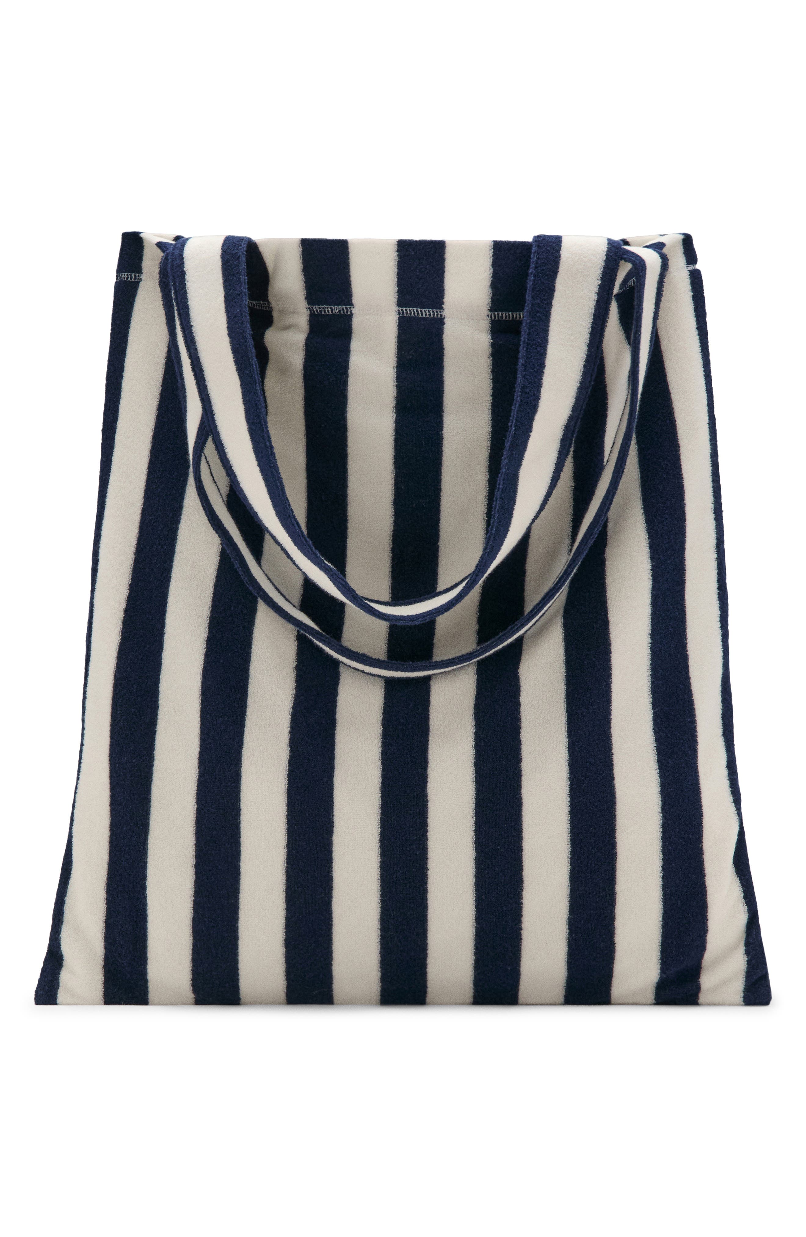 MANGO Striped Cotton Terry Tote Bag, Main, color, Blue