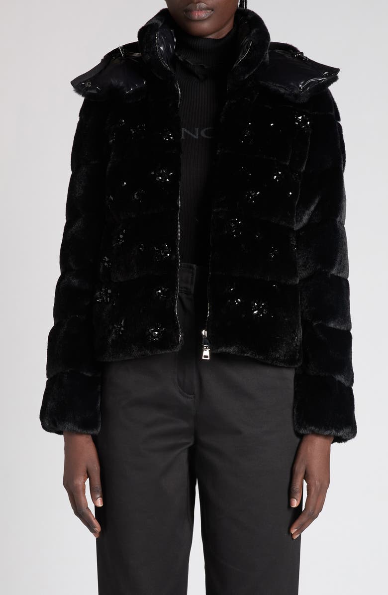 Moncler Andronne Embellished Faux Fur Down Jacket, Main, color, Black