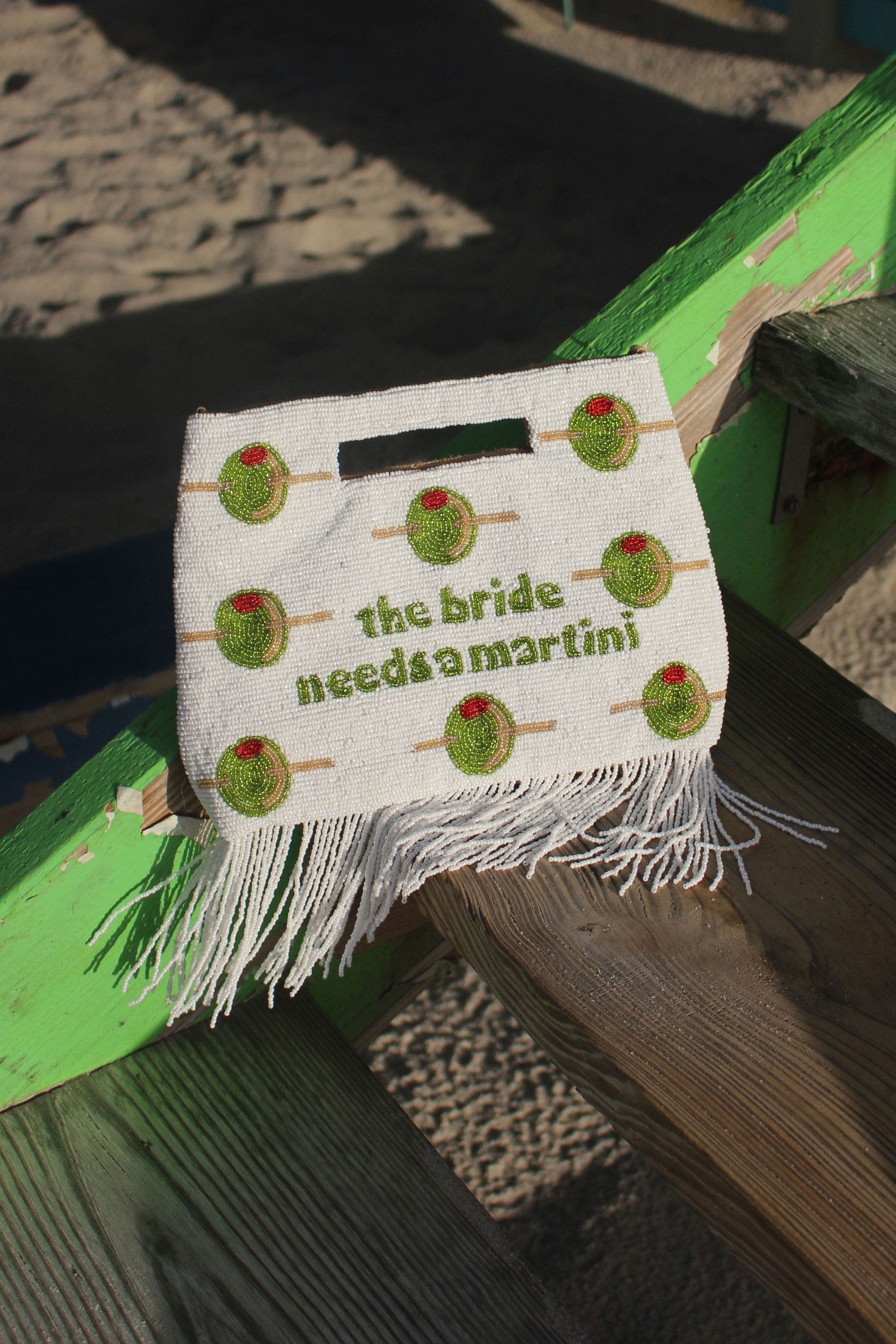 Island to East Side The Bride Needs a Martini Handle Pouch, Fringe, Alternate, color, White