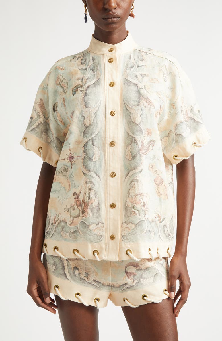 Zimmermann Rebellion Rope Trim Linen Button-Up Shirt, Main, color, Treasure Map