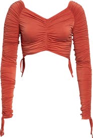 Balmain Crop Long Sleeve Ruched Jersey Top
