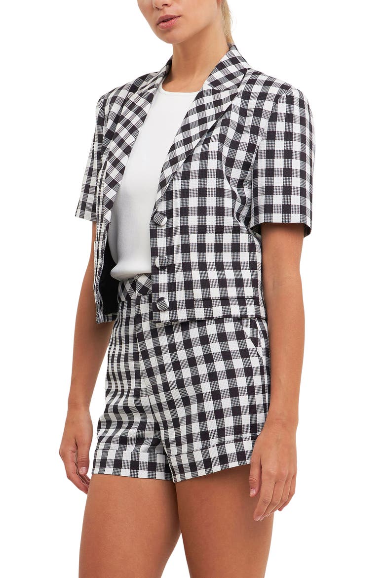 Short Sleeve Gingham Blazer, Alternate, color, BLACK