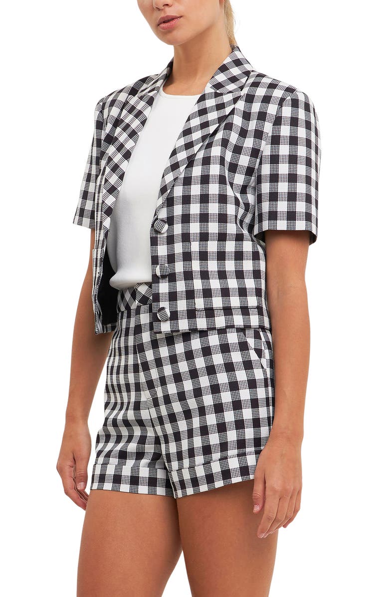 English Factory Short Sleeve Gingham Blazer, Alternate, color, Black